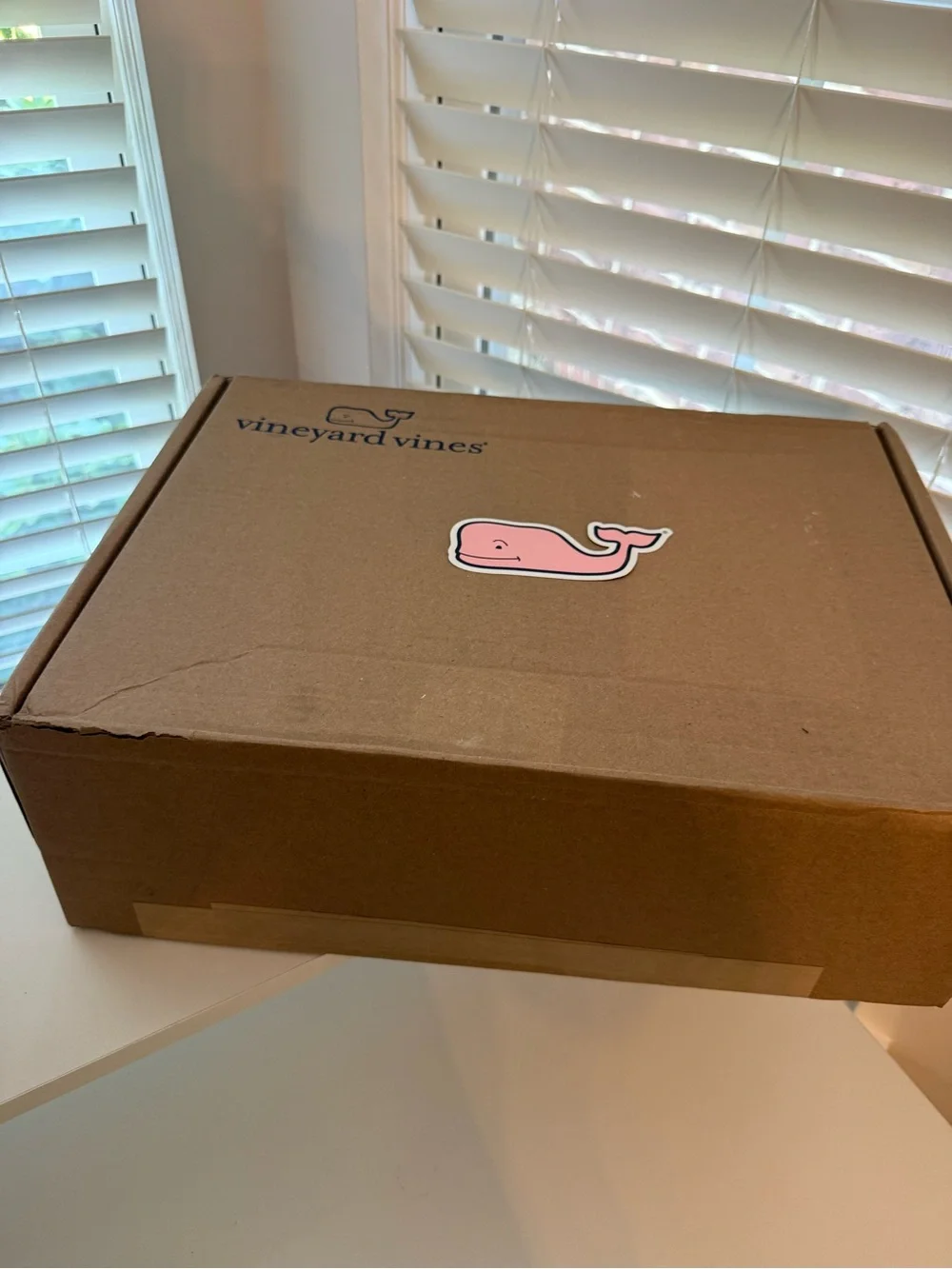Vineyard Vines shipping box + large whale logo sticker in pink